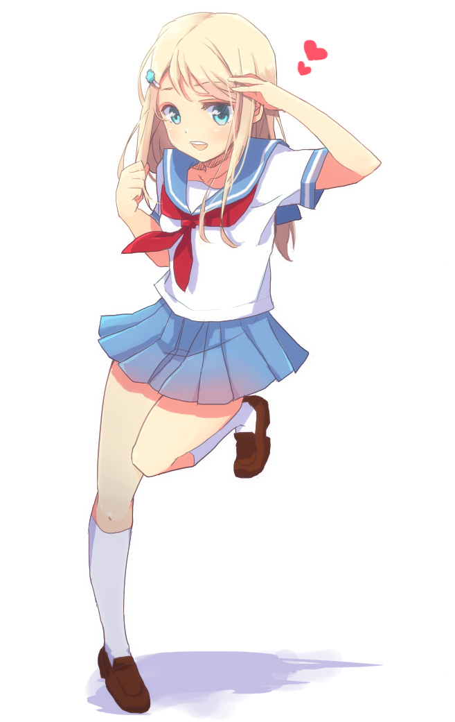 1girl ayase_arisa blonde_hair blue_eyes blue_skirt hair_ornament hairclip happy heart long_hair looking_at_viewer love_live!_school_idol_project mniarnoako open_mouth school_uniform serafuku shirt shoes simple_background skirt smile socks solo standing white_background