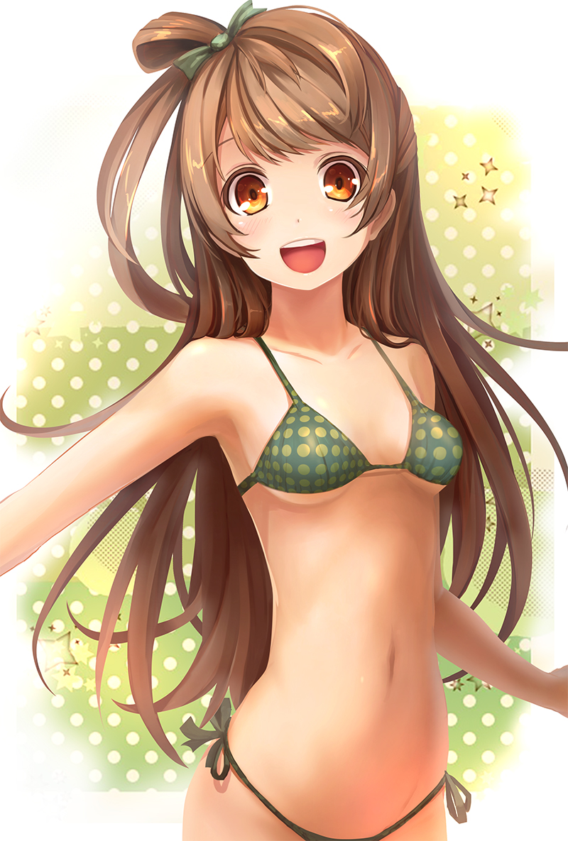 1girl bikini blush bow brown_eyes brown_hair hair_bow half_updo long_hair looking_at_viewer love_live!_school_idol_project minami_kotori open_mouth polka_dot polka_dot_bikini polka_dot_swimsuit rods side_ponytail smile solo swimsuit
