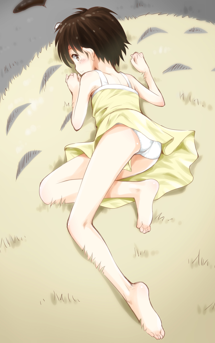 1girl ass bare_shoulders barefoot brown_eyes brown_hair dress from_above highres kokekokko_coma kusakabe_satsuki looking_back lying on_side panties short_hair smile tonari_no_totoro underwear white_panties yellow_dress