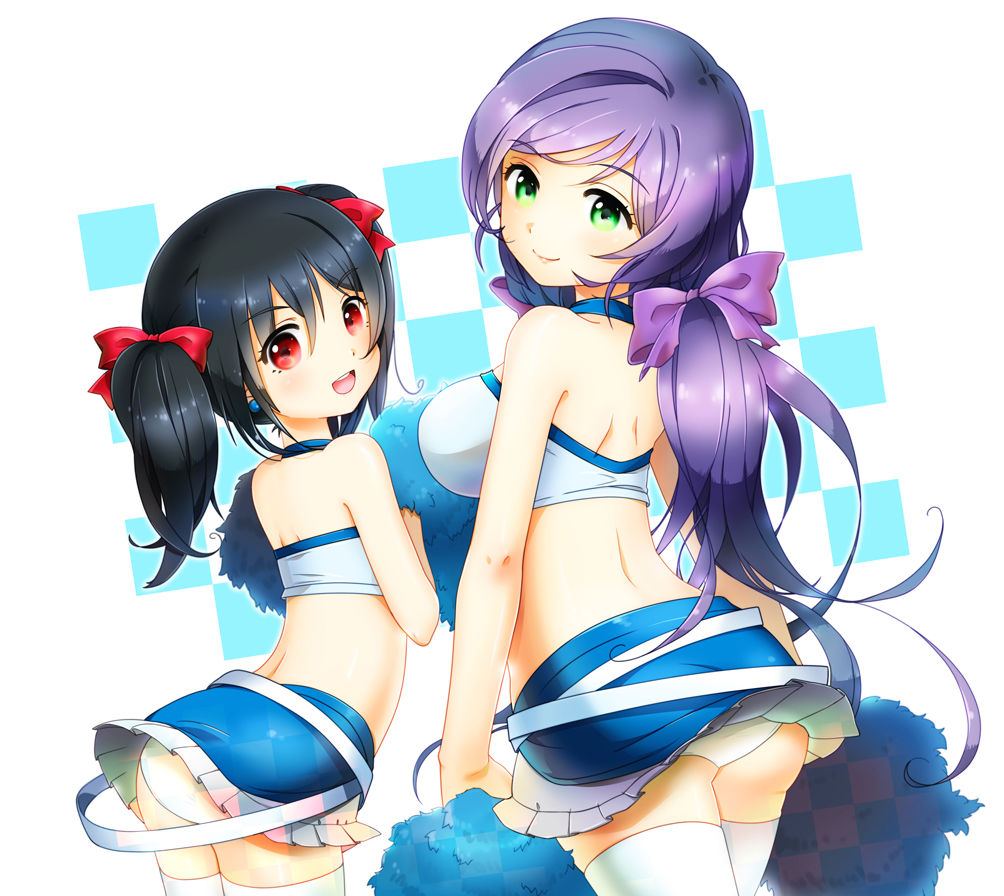 2girls :d ann_hodo black_hair blue_skirt breasts cheerleader green_eyes hair_ribbon looking_at_viewer looking_back love_live!_school_idol_project microskirt midriff miniskirt multiple_girls open_mouth pom_poms purple_hair red_eyes ribbon short_twintails skirt small_breasts smile toujou_nozomi tress_ribbon twintails yazawa_nico