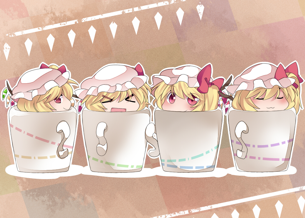 4girls blonde_hair chibi cup flandre_scarlet four_of_a_kind_(touhou) hammer_(sunset_beach) in_container in_cup multiple_girls multiple_persona red_eyes short_hair side_ponytail solo touhou wings