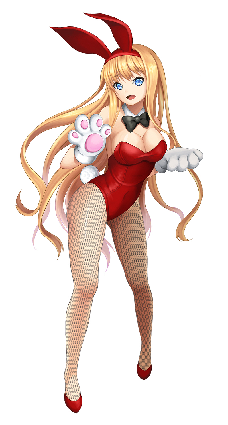 1girl animal_ears bowtie breasts bunny_tail bunnysuit chobi_(penguin_paradise) cleavage detached_collar fishnet_pantyhose fishnets gloves highres long_hair original pantyhose paw_gloves rabbit_ears tail