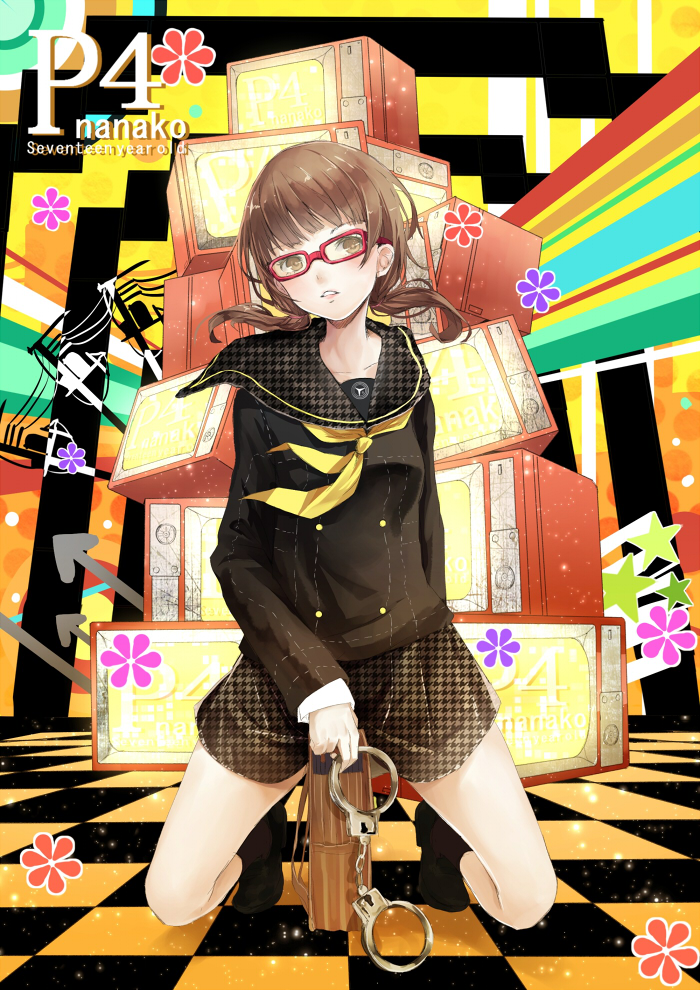 1girl brown_eyes brown_hair character_name checkered checkered_floor cuffs doujima_nanako glasses handcuffs houndstooth kneeling persona persona_4 red-framed_glasses reio_reio school_uniform solo teenage television twintails