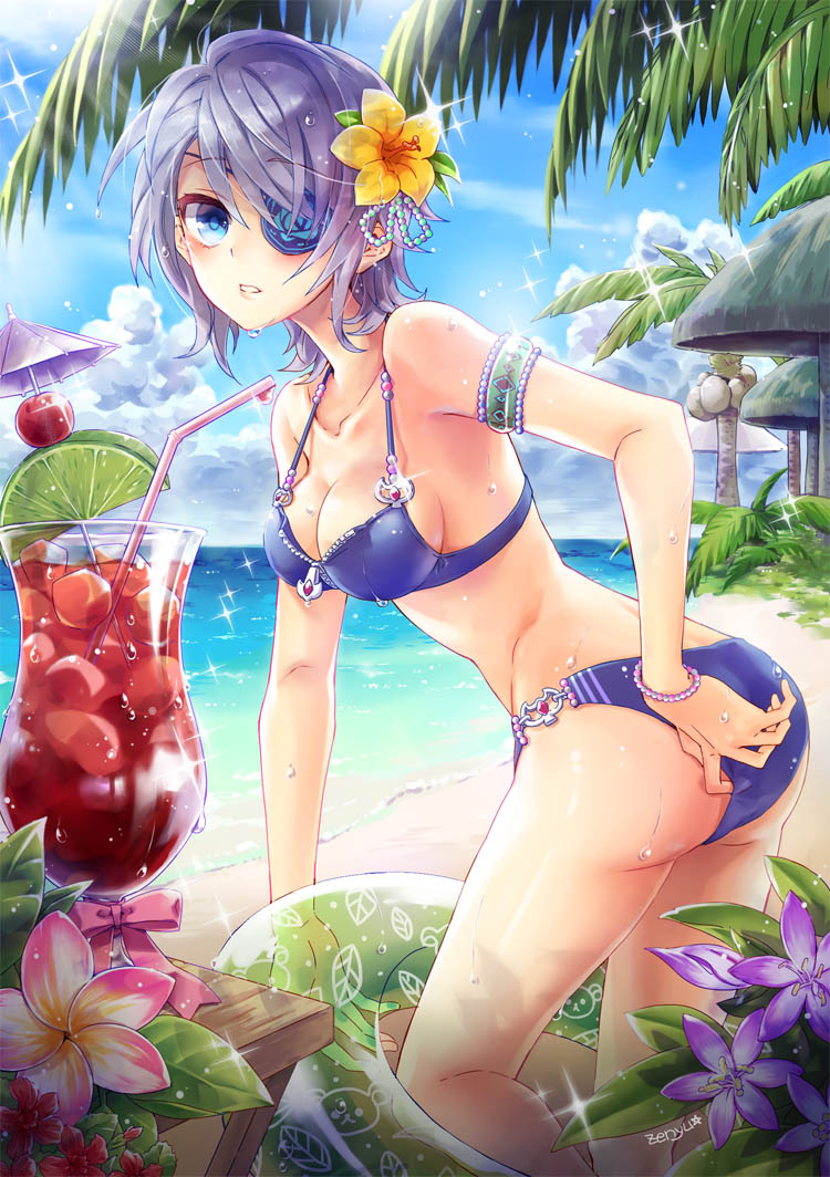 1girl adjusting_clothes adjusting_swimsuit armband bikini blue_eyes bracelet breasts cherry cleavage clouds coconut coconut_tree drink drinking_glass drinking_straw dripping eyepatch flower flower_eyepatch flower_on_head food fruit glass hair_ornament innertube iri_flina jewelry leaning_forward lime_(fruit) looking_at_viewer navel ocean open_mouth palm_tree ribbon short_hair side-tie_bikini silver_hair sky solo swimsuit sword_girls tree water wet zenyu