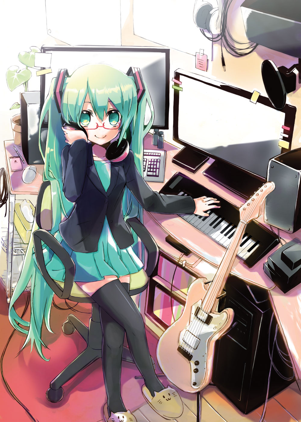 1girl bespectacled cat_slippers chair computer_keyboard crossed_legs dress electric_guitar glasses green_eyes green_hair guitar hatsune_miku headphones headphones_around_neck hekicha highres instrument keyboard_(instrument) long_hair looking_at_viewer monitor sitting smile solo thigh-highs tissue_box twintails very_long_hair vocaloid