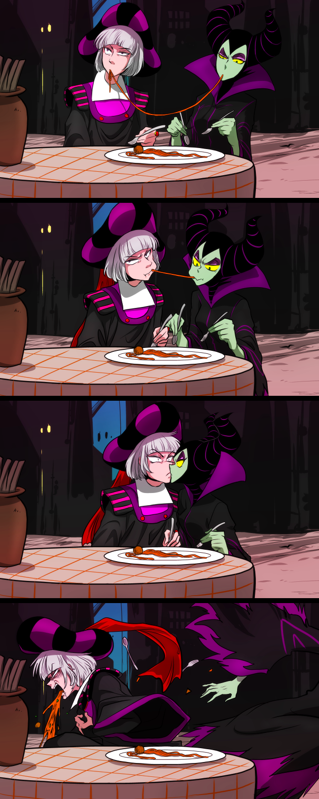 1boy 1girl 4koma accidental_kiss claude_frollo comic disney eyeshadow food fork green_skin hat highres hood horns kiss lady_and_the_tramp makeup maleficent marimo_(yousei_ranbu) one_man's_dream_ii parody plate shared_food silent_comic silver_hair sleeping_beauty spaghetti spaghetti_and_meatballs the_hunchback_of_notre_dame vomit yellow_sclera younger