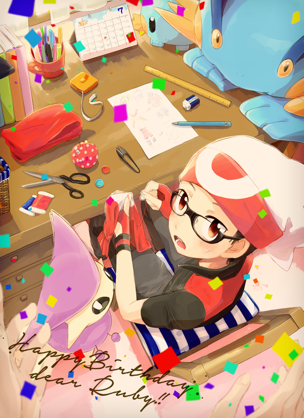 1boy bandana black_hair blush buttons calendar_(object) character_name confetti delcatty desk english eraser fingerless_gloves from_above glasses gloves happy_birthday hat looking_at_viewer mudkip needle niimura_(csnel) pencil pokemon pokemon_(creature) pokemon_special red_eyes ruby_(pokemon) ruler scissors sewing sewing_kit sewing_needle short_hair sitting swampert tape_measure