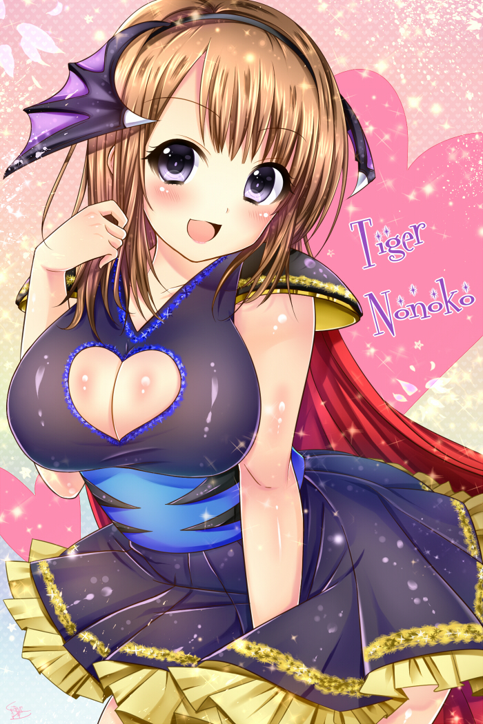 1girl :d bat_wings blush breasts brown_hair cape cleavage gradient gradient_background hair_ornament hairband heart heart_background large_breasts nonoko open_mouth pauldrons real_life short_hair sleeveless smile sparkle violet_eyes wings wrestling_outfit yomogi_(becr)