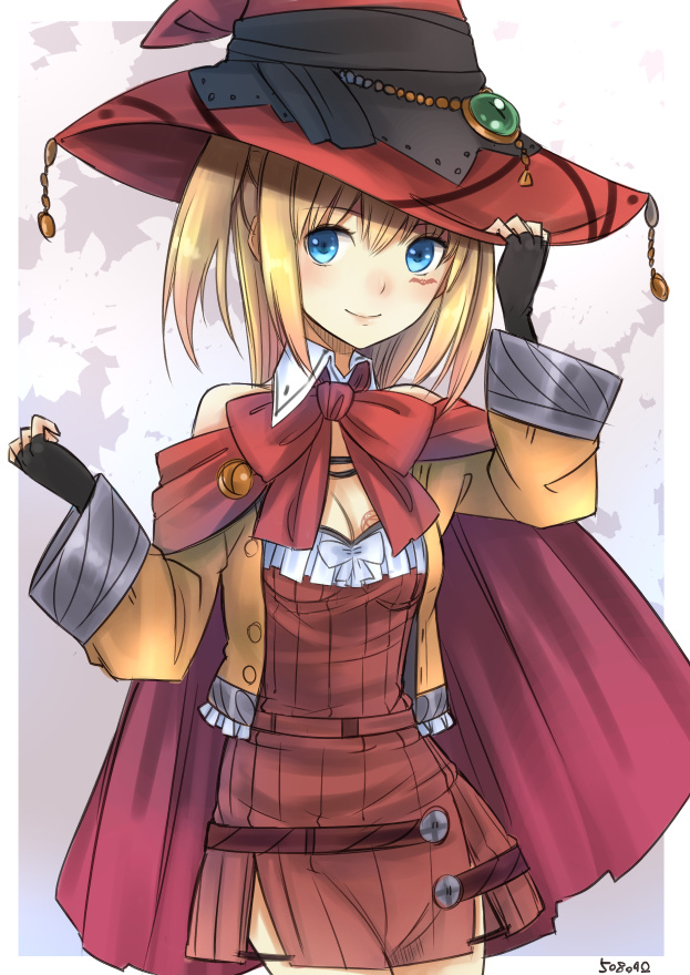 1girl blonde_hair blue_eyes blush bowtie breasts cleavage detached_collar dress fingerless_gloves gloves hand_on_headwear hat jacket long_hair looking_at_viewer original red_dress short_dress smile solo standing umasanjin witch_hat