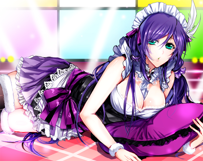 1girl bare_shoulders bow breasts cleavage cleavage_cutout feathers green_eyes hair_feathers long_hair love_live!_school_idol_project luthe lying maid_headdress pillow purple_hair solo toujou_nozomi twintails