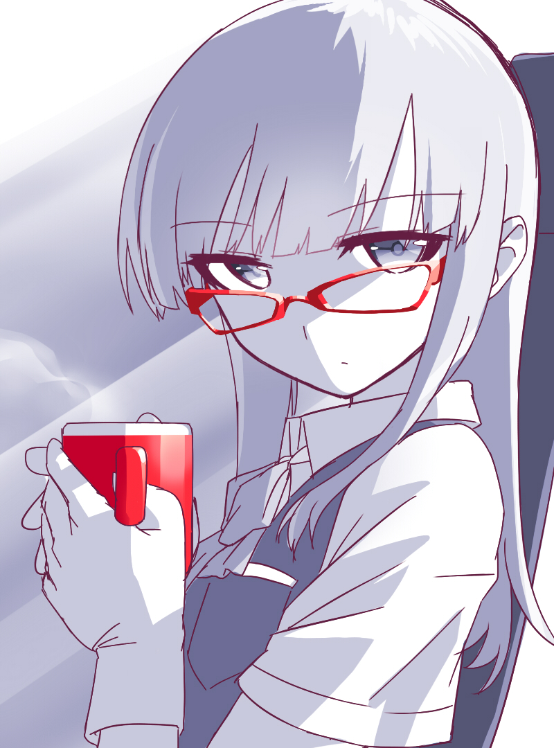 1girl bespectacled blew_andwhite blue_eyes blue_hair cup expressionless glasses gloves hatsukaze_(kantai_collection) holding kantai_collection long_hair looking_at_viewer school_uniform solo spot_color sunlight teacup two-tone_background white_gloves