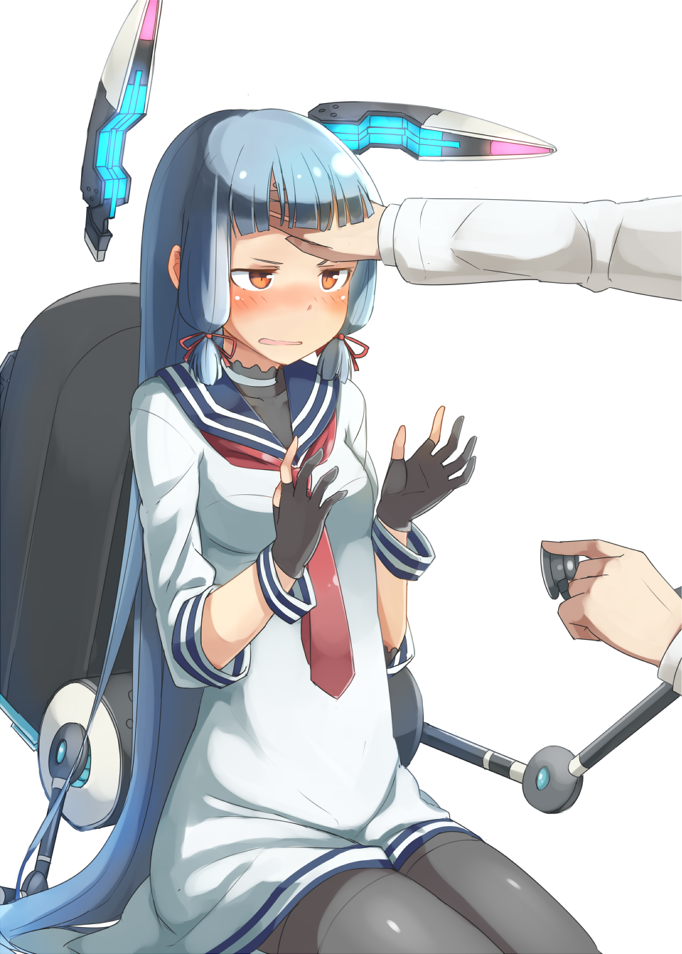 1girl aqua_hair bangs black_gloves black_legwear blunt_bangs blush fingerless_gloves floating_object gloves hair_ribbon kantai_collection long_hair machinery murakumo_(kantai_collection) necktie orange_eyes pantyhose ribbon sailor_collar sailor_dress sitting stethoscope