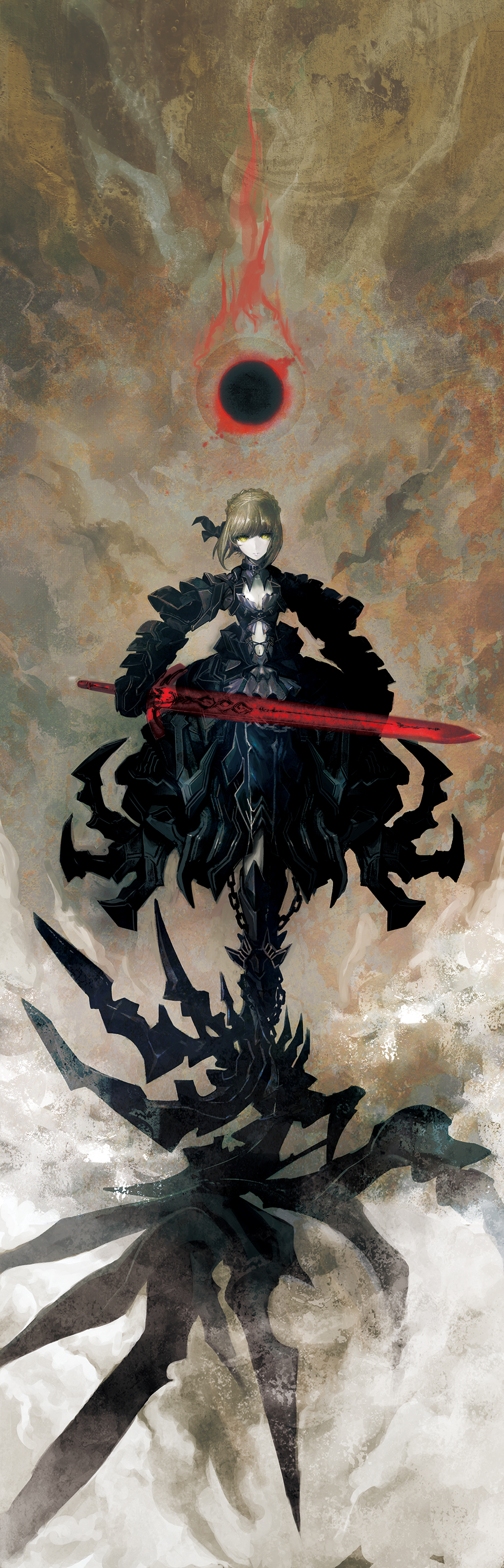 1girl absurdres armor armored_boots armored_dress belt black_dress blonde_hair boots breasts chain cleavage dark_excalibur dress eclipse fate/stay_night fate_(series) fire frills gauntlets highres holding holding_sword holding_weapon huke long_image looking_at_viewer navel pale_skin revision saber saber_alter short_hair solo sword weapon yellow_eyes