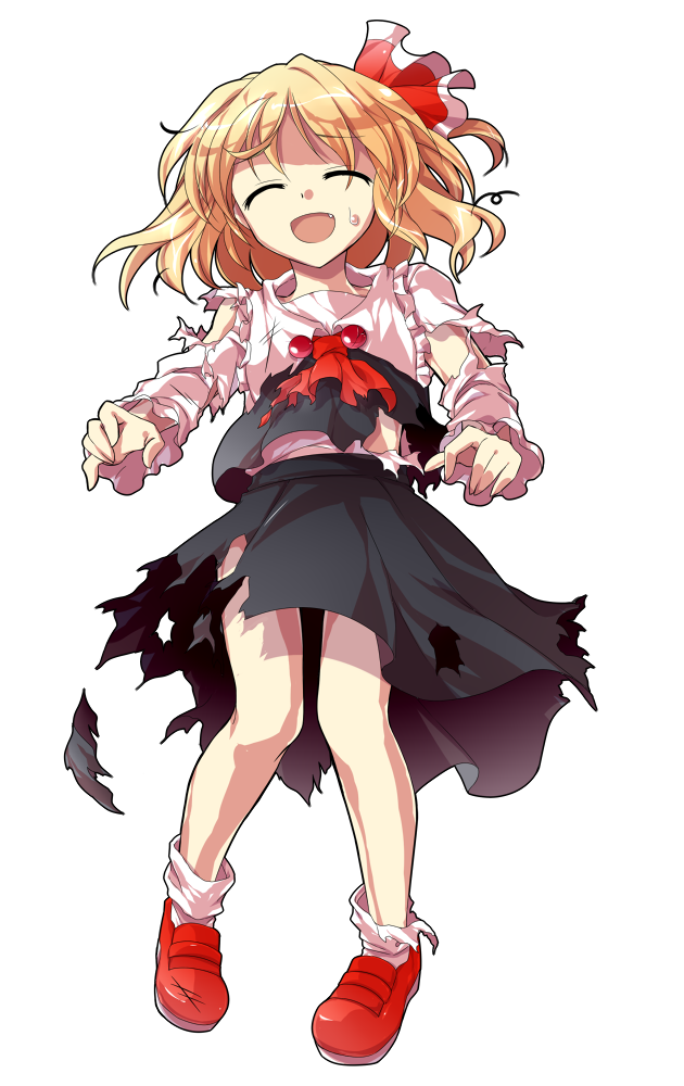 :d ^_^ alphes_(style) bare_legs beaten blonde_hair blouse closed_eyes dairi fang frilled_sleeves frills hair_ribbon long_sleeves open_mouth parody red_shoes ribbon rumia shoes short_hair skirt smile style_parody sweat torn_clothes touhou transparent_background vest