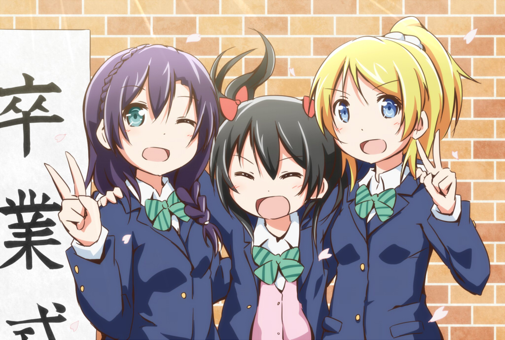 3girls ;d ayase_eli black_hair blonde_hair blue_eyes bow green_hair hair_bow hair_ornament hair_ribbon looking_at_viewer love_live!_school_idol_project multiple_girls one_eye_closed open_mouth petals ponytail purple_hair riai_(onsen) ribbon school_uniform smile tagme toujou_nozomi translation_request twintails v yazawa_nico