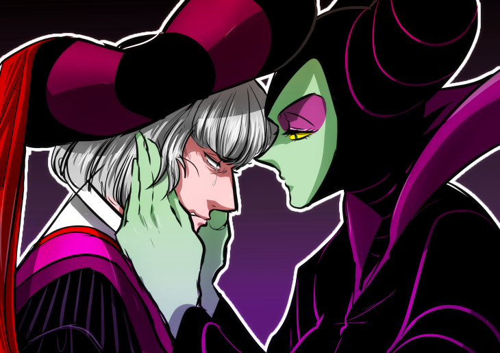 1boy 1girl claude_frollo disney eyeshadow green_skin hands_on_another's_face horns makeup maleficent marimo_(yousei_ranbu) one_man's_dream_ii sleeping_beauty the_hunchback_of_notre_dame yellow_sclera younger