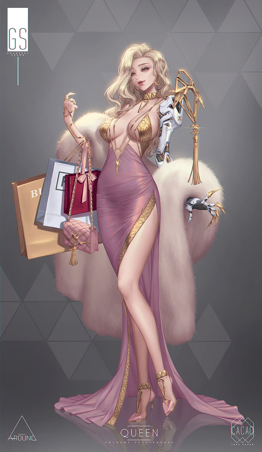 1girl bag blonde_hair blue_eyes breasts choker commentary cyborg dress earrings english_commentary eyebrows_visible_through_hair feather_boa fingernails full_body hair_over_one_eye handbag high_heels highres hoop_earrings jewelry large_breasts legs light_smile lipgloss long_dress long_legs love_cacao mechanical_arm no_bra original parted_lips pendant plunging_neckline pointy_shoes purple_dress purple_footwear ring sharp_fingernails shoes shopping_bag side_slit slender_waist solo stiletto_heels thick_eyebrows