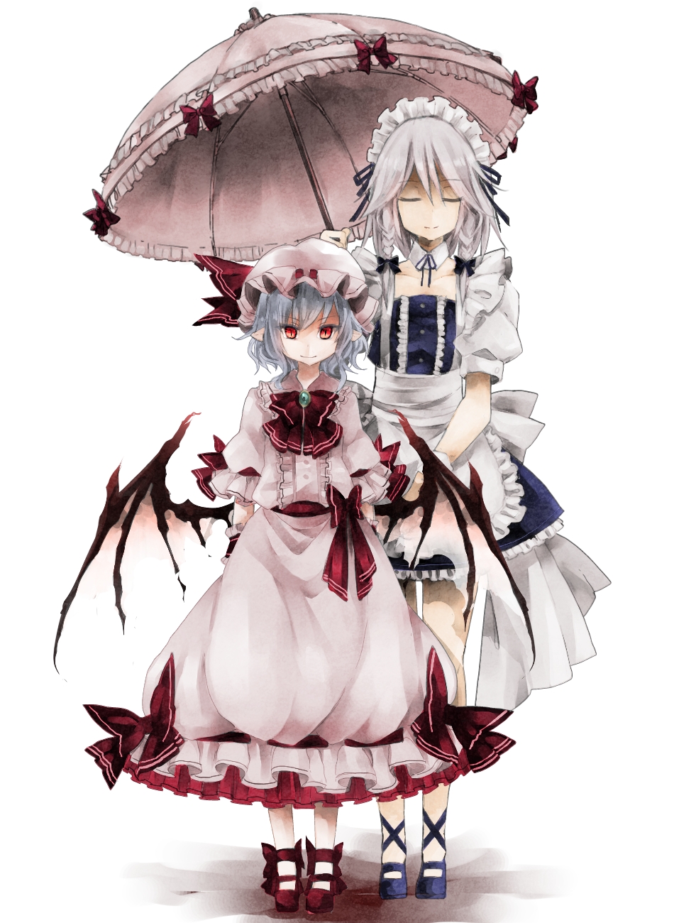 2girls bat_wings bow braid closed_eyes detached_collar faux_traditional_media hair_bow hair_ornament hair_ribbon hat highres holding izayoi_sakuya looking_at_viewer maid maid_headdress mob_cap multiple_girls parasol pointy_ears red_eyes remilia_scarlet ribbon short_hair silver_hair smile touhou toutenkou twin_braids umbrella white_background wings