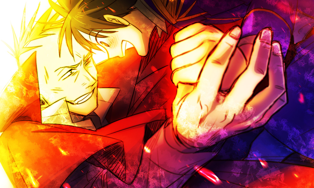 2boys backlighting black_hair cape darren_shan fangs holding_hands mr._larten_crepsley multiple_boys necktie one_eye_closed open_mouth redhead short_hair smile the_saga_of_darren_shan vampire yamado