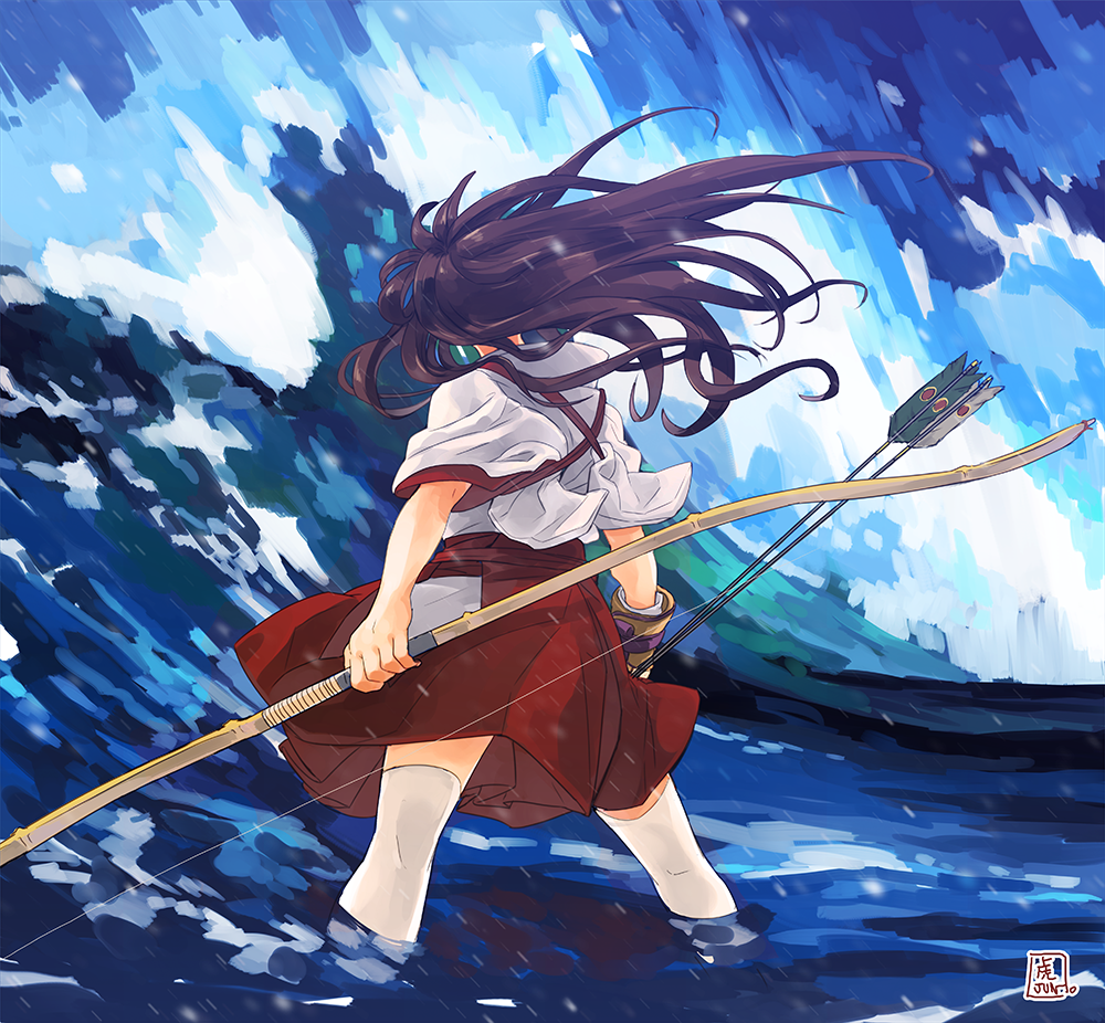 1girl akagi_(kantai_collection) arrow bow_(weapon) brown_hair gloves japanese_clothes kantai_collection long_hair ocean solo thigh-highs tora_jun water weapon