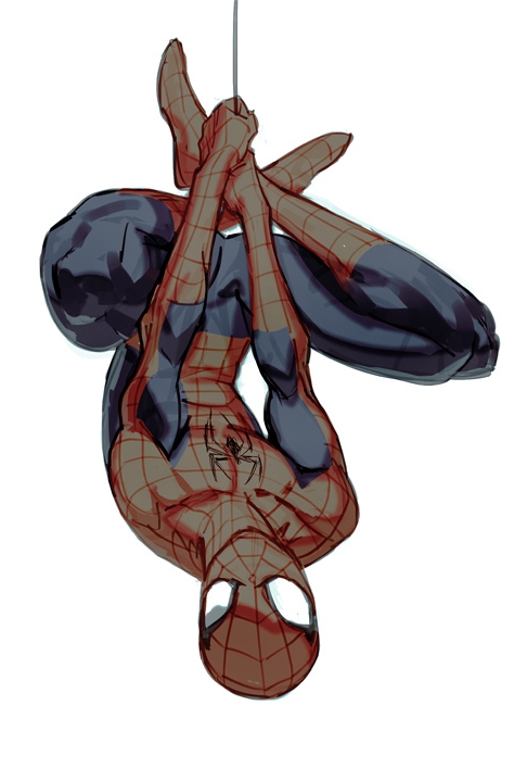 1boy bodysuit full_body legs_folded legs_over_head looking_at_viewer male marvel mask shishio simple_background skin_tight solo spider-man spider_web_print superhero toned upside-down white_background