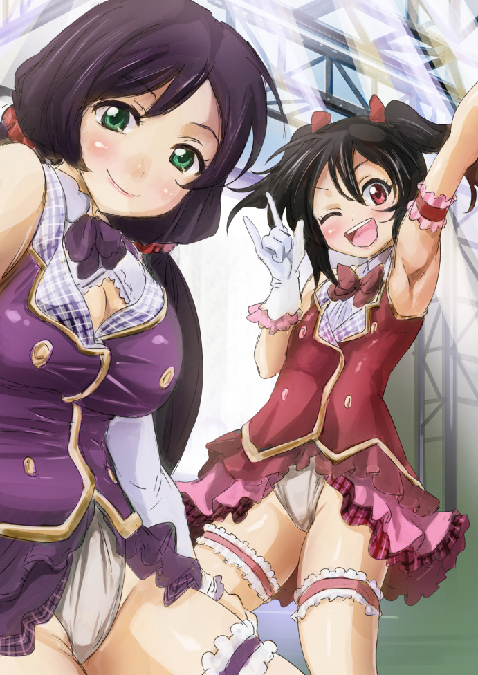 2girls arm_up armpits black_hair green_eyes long_hair looking_at_viewer love_live!_school_idol_project low_twintails multiple_girls one_eye_closed open_mouth panties red_eyes smile toujou_nozomi twintails two_side_up underwear white_panties yazawa_nico yohane