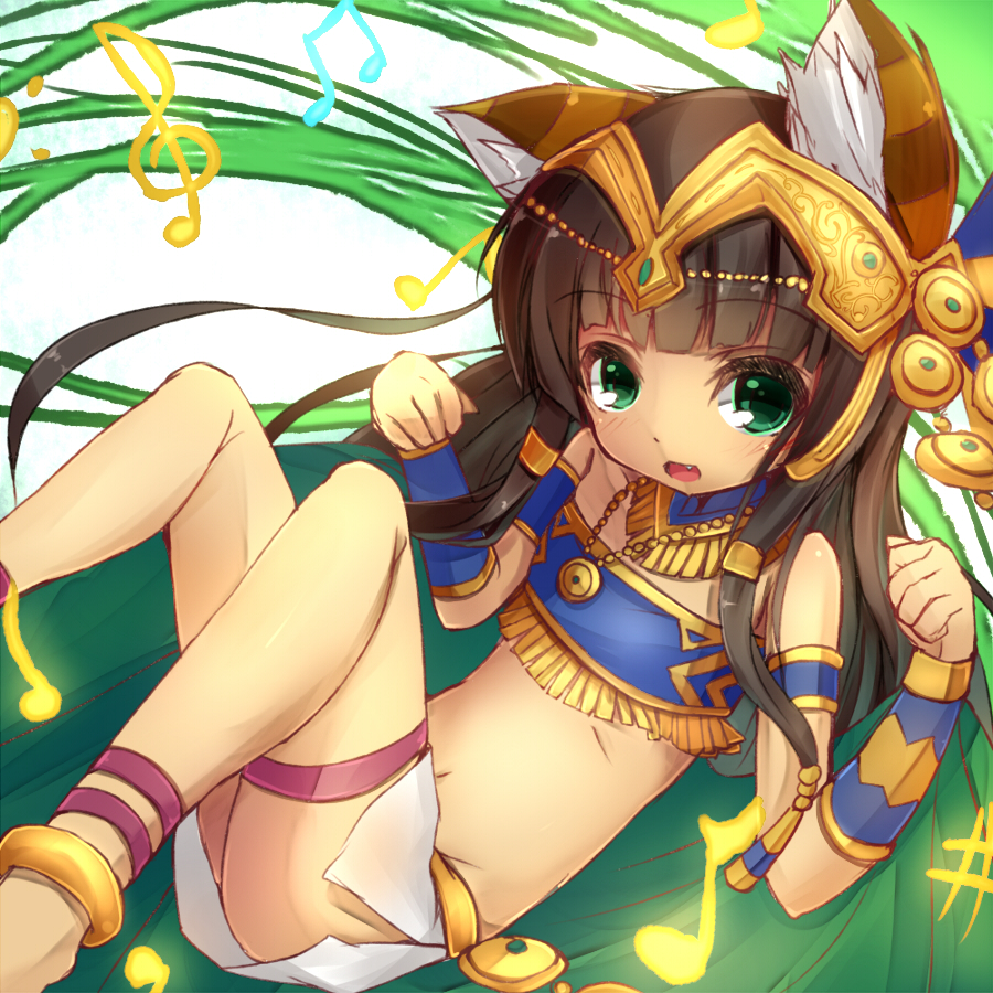 1girl animal_ears anklet armlet bangs bastet_(p&amp;d) blunt_bangs blush bracelet brown_hair cat_ears cat_tail dark_skin egyptian egyptian_clothes fang from_above green_eyes hair_ornament headpiece if_(asita) jewelry leg_band legs_up long_hair lying musical_note necklace on_back open_mouth puzzle_&amp;_dragons skirt smile solo tail white_skirt
