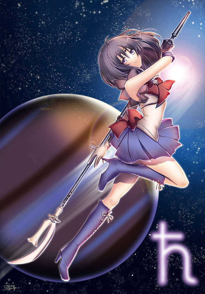 1girl bishoujo_senshi_sailor_moon black_hair blue_skirt boots bow brooch cross-laced_footwear jewelry knee_boots lace-up_boots magical_girl object_namesake planet pleated_skirt ribbon sailor_collar sailor_saturn saturn saturn_symbol short_hair silence_glaive skirt smile solo suou_sakura tiara tomoe_hotaru violet_eyes