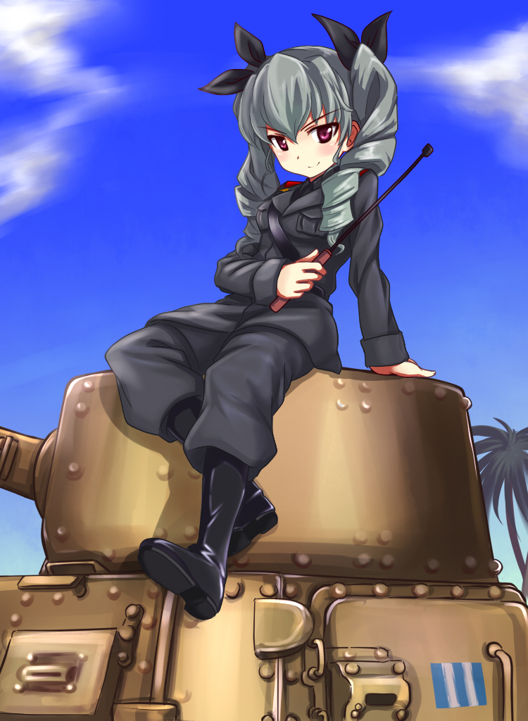 1girl a9b_(louis814) anchovy arm_support belt blush boots clouds dress_shirt drill_hair girls_und_panzer hair_ribbon holding jacket leaning_back long_hair military military_uniform military_vehicle necktie outdoors palm_tree pants ribbon riding_crop shirt silver_hair sky smile solo standing tank tree twin_drills twintails uniform vehicle violet_eyes