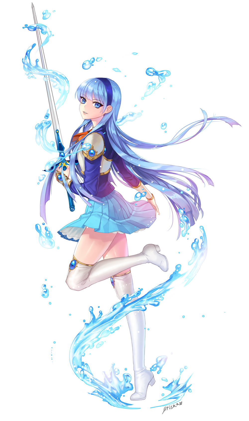 1girl armor armored_dress bangs blue_eyes blue_hair blue_hairband blue_skirt boots briska female full_body hairband highres holding holding_sword holding_weapon hydrokinesis long_hair looking_at_viewer magic_knight_rayearth one_leg_raised parted_lips pleated_skirt rapier ryuuzaki_umi signature simple_background skirt solo standing_on_one_leg sword thigh-highs thigh_boots thighhighs thighs water weapon white_background white_boots white_footwear white_legwear white_thigh_boots zettai_ryouiki