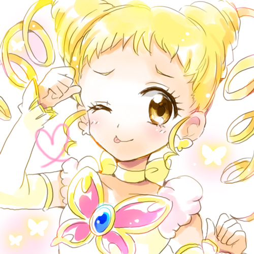 1girl :p arm_warmers blonde_hair blush choker cure_lemonade detached_sleeves drill_hair earrings eyelashes fingerless_gloves gloves happy hitopm jewelry kasugano_urara long_hair looking_at_viewer lowres magical_girl one_eye_closed precure shirt smile solo tongue tongue_out twintails yellow_eyes yellow_shirt yes!_precure_5