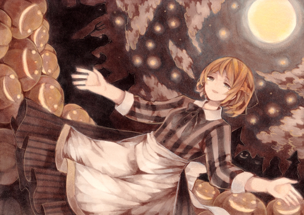 1girl brown_eyes brown_hair character_request dutch_angle halloween jack-o'-lantern outstretched_arms parted_lips short_hair smile solo sound_horizon spread_arms tagme traditional_media wiriam07