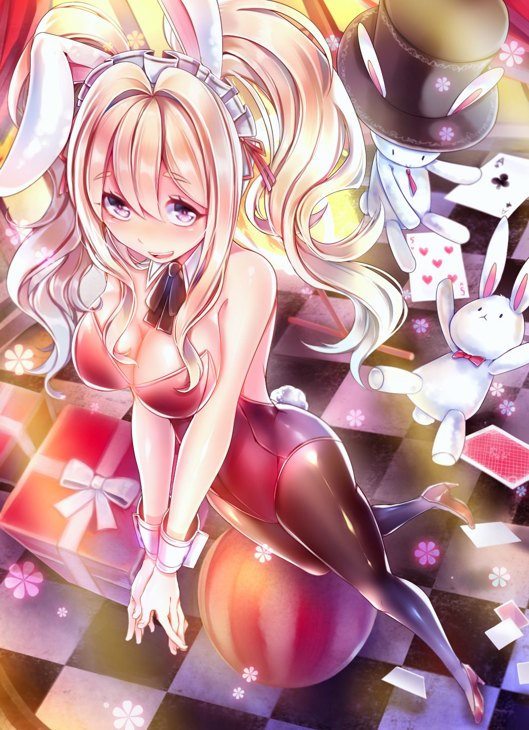 1girl animal_ears blonde_hair breasts bunny_tail bunnysuit card checkered checkered_floor cleavage detached_collar gift here_(artist) highres long_hair original pantyhose playing_card rabbit rabbit_ears red_eyes ribbon tail twintails wrist_cuffs