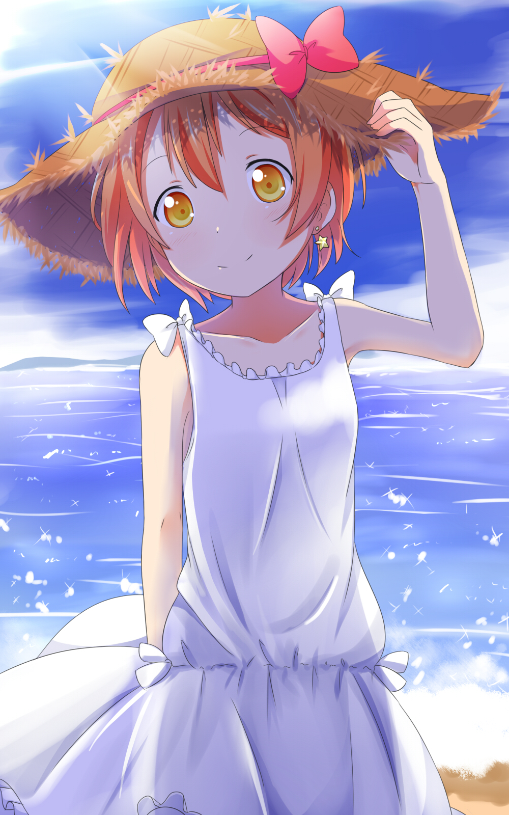 1girl bare_arms blue_sky bow brown_hair collarbone commentary_request dress earrings hat hat_bow highres hoshizora_rin jewelry lake light_brown_hair looking_at_viewer love_live!_school_idol_project makuran sky sleeveless sleeveless_dress smile solo straw_hat sundress water white_dress yellow_eyes