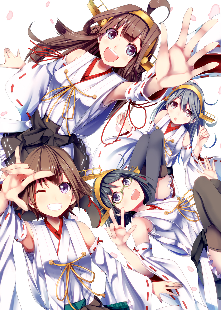 4girls ahoge black_hair blue_eyes brown_hair clenched_teeth detached_sleeves glasses green-framed_glasses hairband haruna_(kantai_collection) headgear hiei_(kantai_collection) highres japanese_clothes kantai_collection kirishima_(kantai_collection) kongou_(kantai_collection) konkito long_hair looking_at_viewer multiple_girls one_eye_closed personification petals semi-rimless_glasses short_hair under-rim_glasses v violet_eyes wide_sleeves