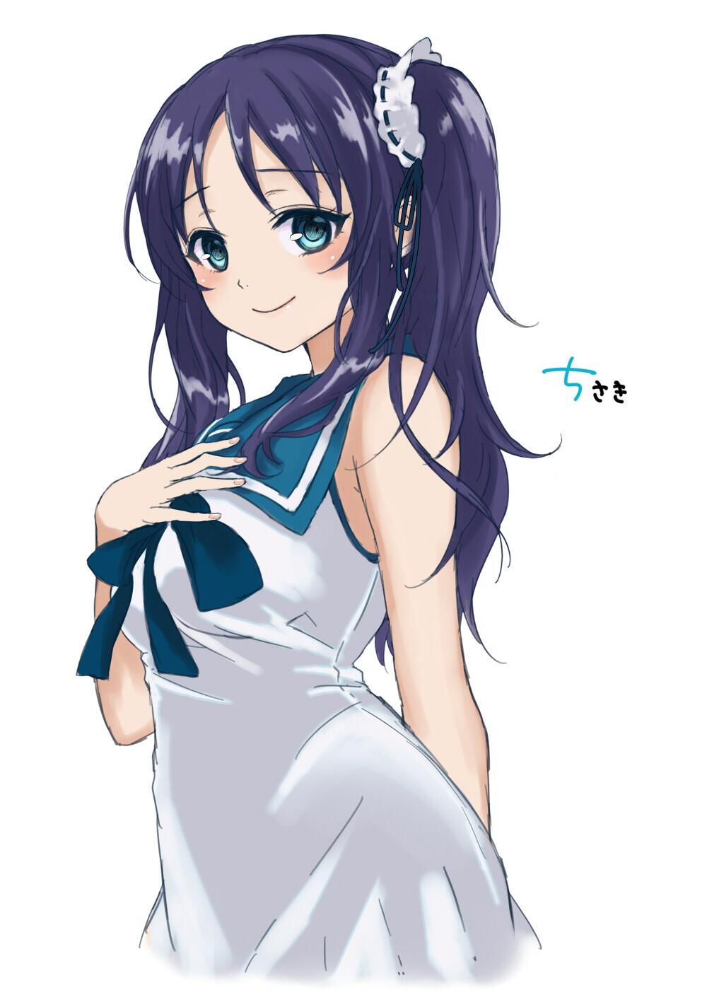 1girl aqua_eyes blush hand_on_own_chest highres hiradaira_chisaki long_hair looking_at_viewer nagi_no_asukara pisuke purple_hair sailor_dress school_uniform smile solo twintails white_background