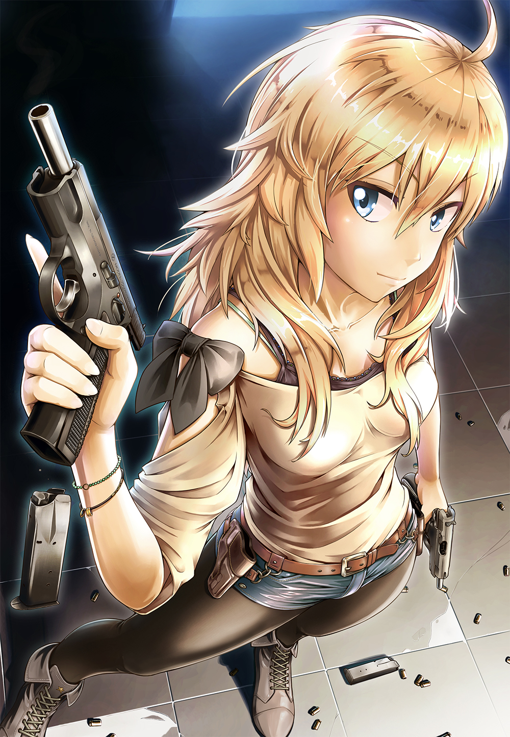 1girl ahoge black_legwear blonde_hair blue_eyes bracelet cz-75 doku_hebi gun handgun highres hoshii_miki idolmaster jewelry long_hair magazine_(weapon) magazine_ejection pantyhose shorts solo standing trigger_discipline weapon