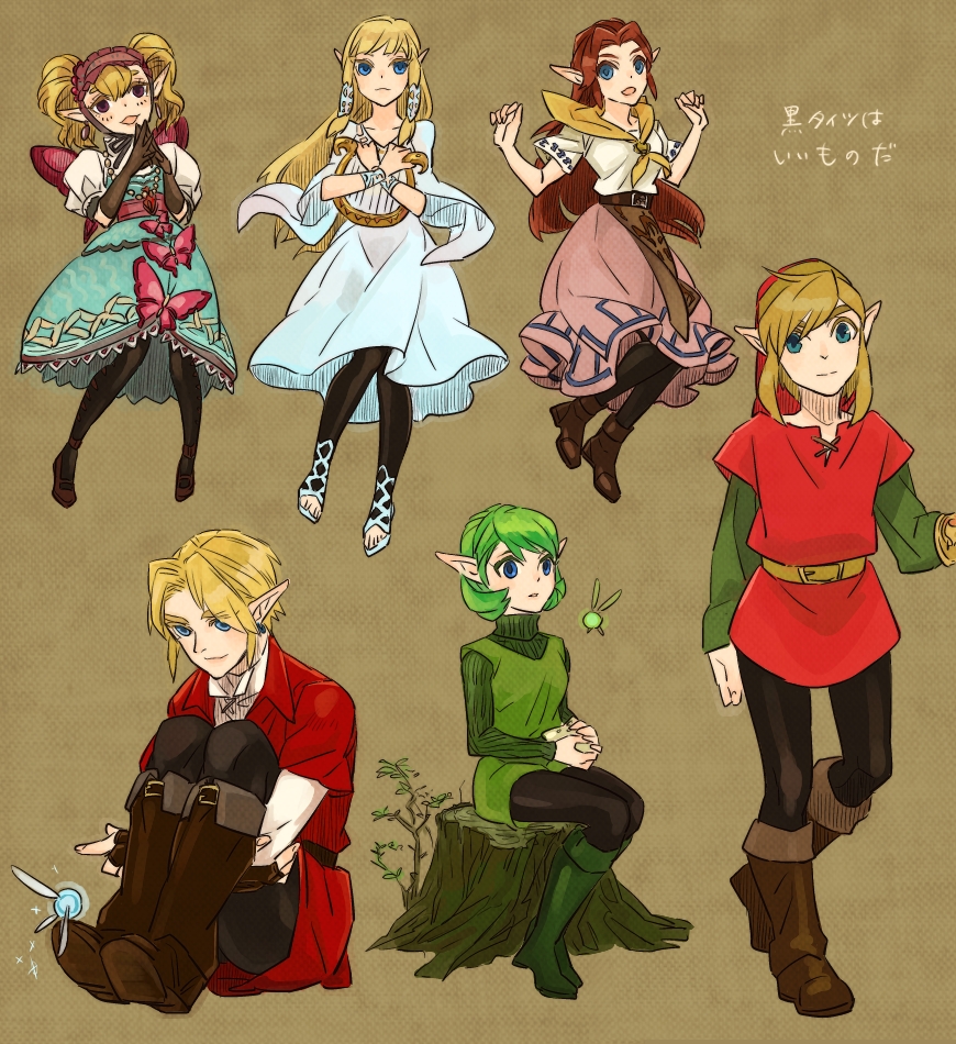 a_link_to_the_past agitha alternate_color blonde_hair blue_eyes bracelet brown_hair dual_persona earrings fairy gloves green_hair harp hat instrument jewelry link long_hair long_skirt malon navi nintendo ocarina_of_time pointy_ears princess_zelda purple_skirt saria skirt skyward_sword smile the_legend_of_zelda tobacco_(artist) twilight_princess twintails
