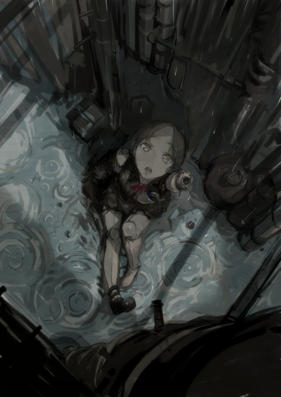 1girl alley android artist_request black_hair doll_joints grey grey_eyes highres looking_up mechanical missing_limb open_mouth original pov rain ripples sitting