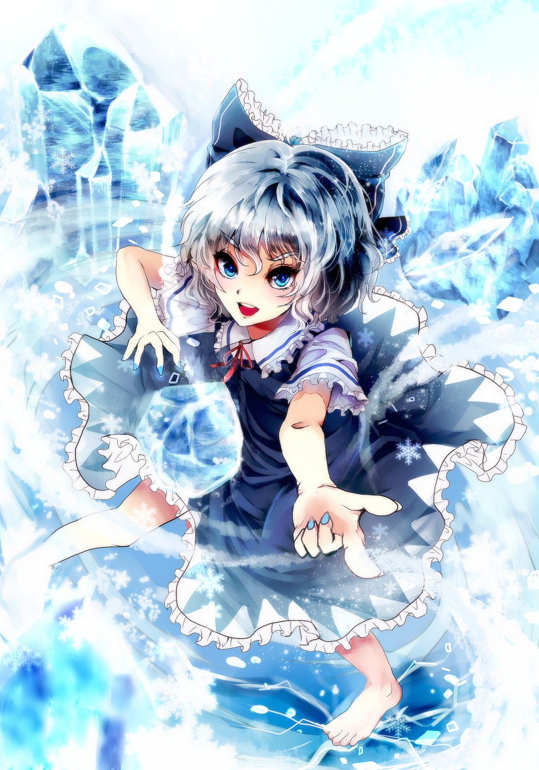 1girl barefoot blue_eyes blue_hair blue_nails bow cirno dress frilled_dress frills hair_bow highres ice ice_wings kotonoman looking_at_viewer nail_polish neck_ribbon open_mouth pointing pointing_at_viewer ribbon short_hair short_sleeves snowflakes solo touhou wavy_hair wings