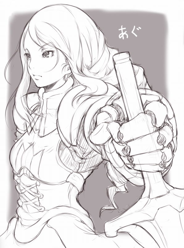 1girl agrias_oaks armor braid breastplate corset final_fantasy final_fantasy_tactics foreshortening gauntlets ina_(gokihoihoi) knight long_hair planted_sword planted_weapon reverse_grip single_braid sketch solo sword weapon