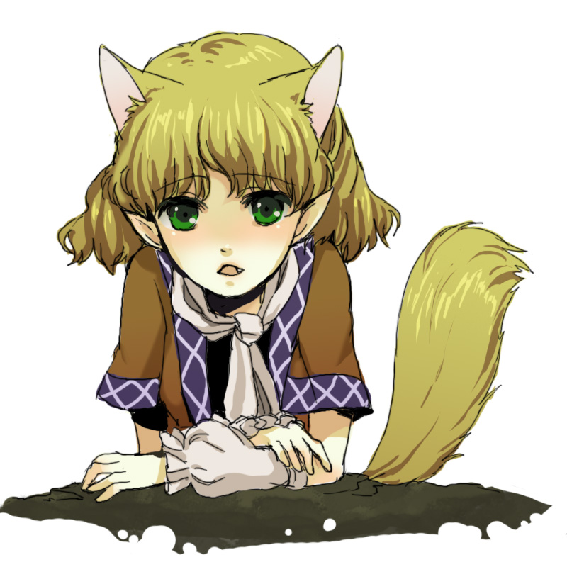 arm_support blonde_hair cat_ears cat_tail fang green_eyes hands mizuhashi_parsee open_mouth pointy_ears riinu_(ir-n) riinu_(pixiv50783) sketch solo tail touhou