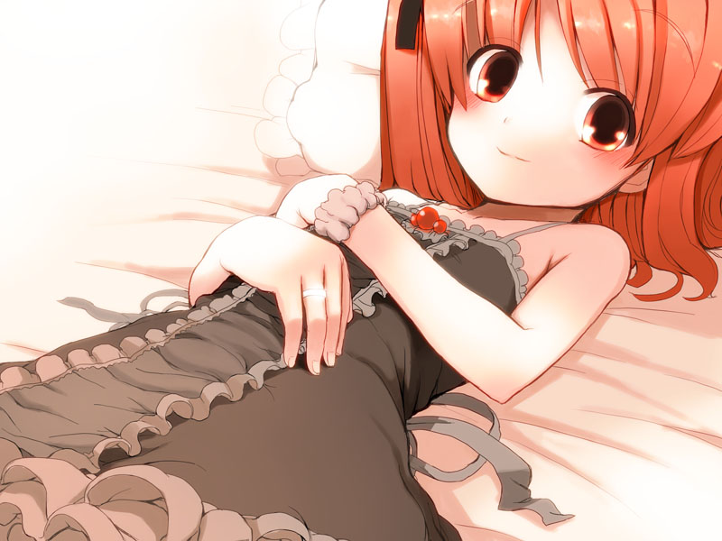 dress flat_chest fuyuno_mikan hands jewelry lying on_back original red_eyes red_hair redhead ring smile solo wristband