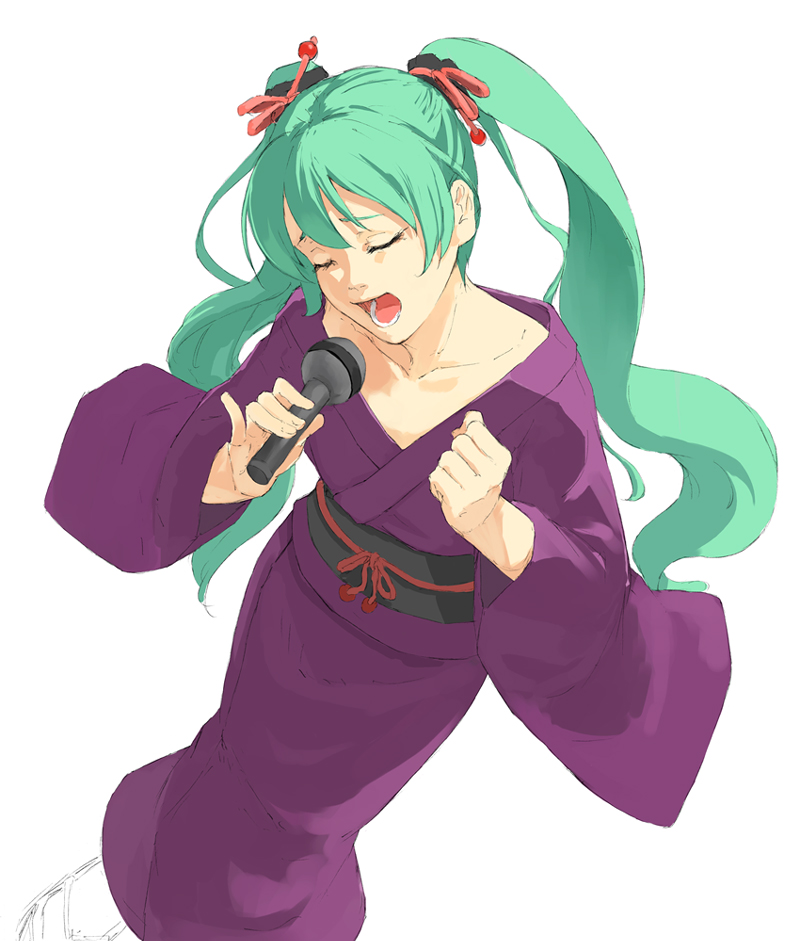 enka hands hatsune_miku japanese_clothes kimono kuroko_(piii) microphone open_mouth twintails vocaloid