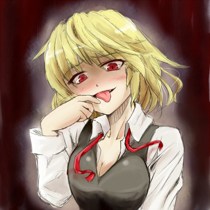 adult blonde_hair blush breasts cleavage ex-rumia ex_rumia fangs hands mizukiri naughty_face necktie open_clothes open_shirt red_eyes rumia saliva shirt short_hair sketch solo tongue touhou you_gonna_get_raped