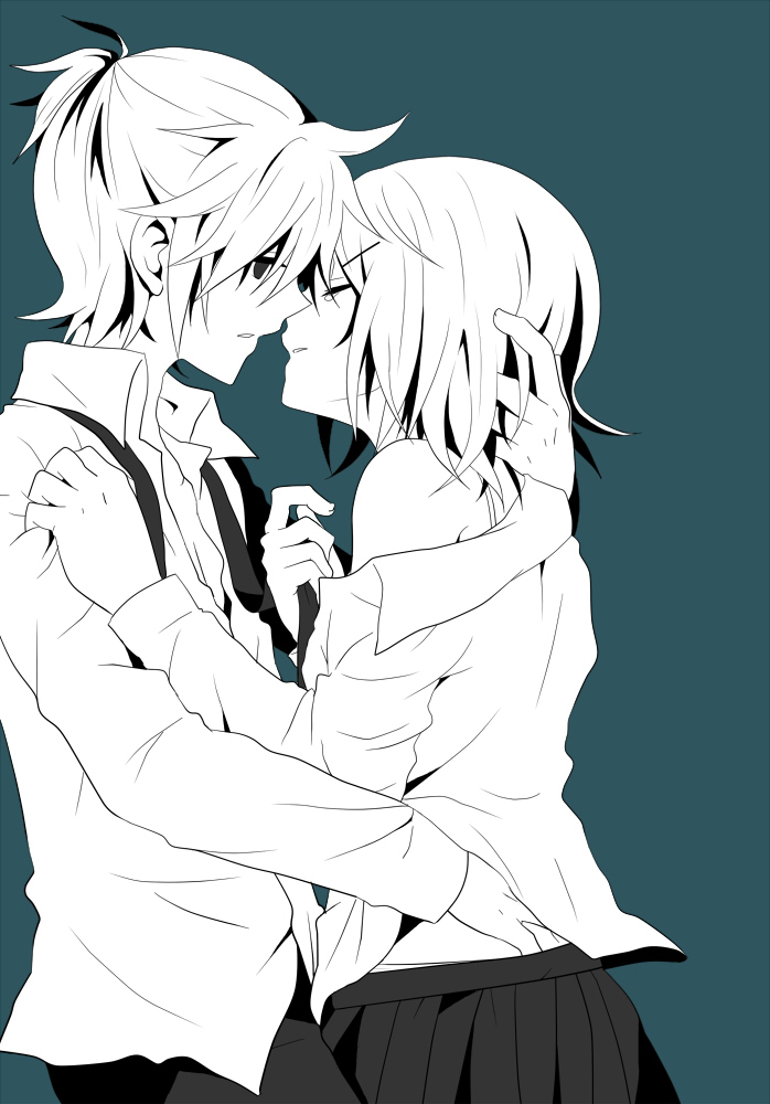 1girl aqua_background brother_and_sister closed_eyes couple hair_ornament hairclip incest kagamine_len kagamine_rin monochrome ryou_(fallxalice) ryou_(pixiv247657) short_hair siblings skirt tears twincest twins undressing vocaloid