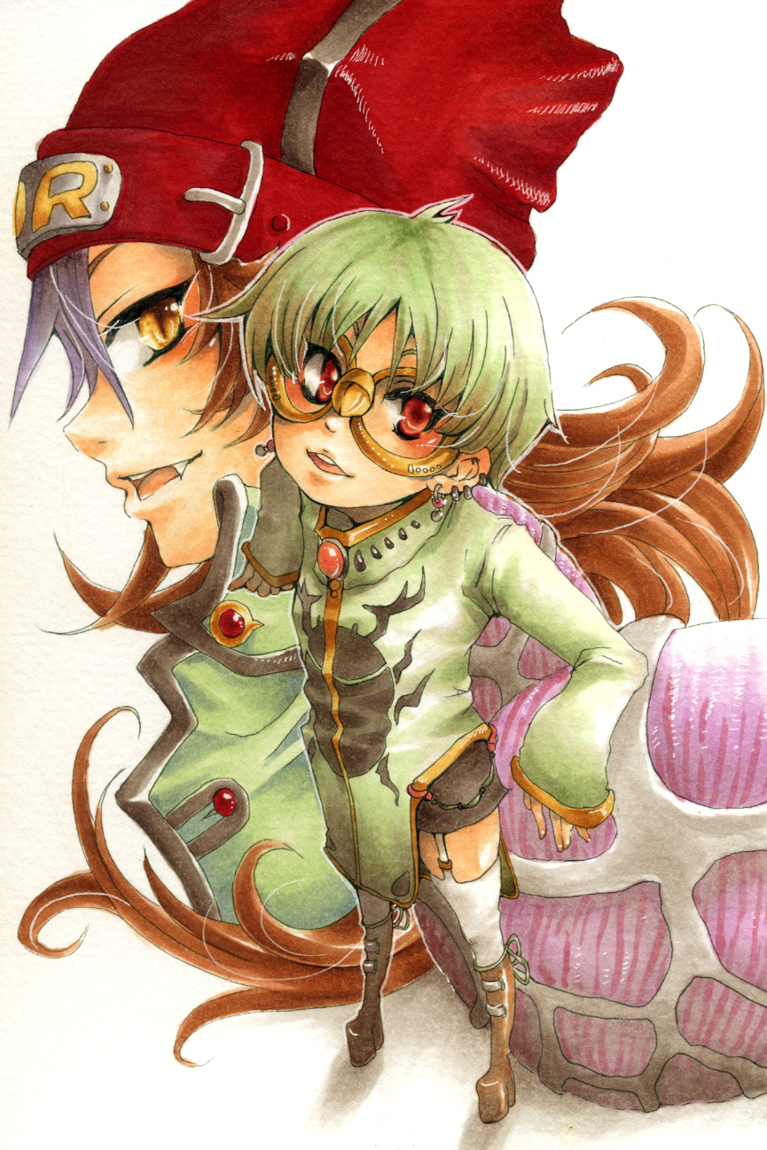 androgynous dinosaur_ryuzaki earrings fan glasses green_hair highres insector_haga jewelry male multiple_boys purple_hair red_eyes yellow_eyes yu-gi-oh! yuu-gi-ou yuu-gi-ou_duel_monsters