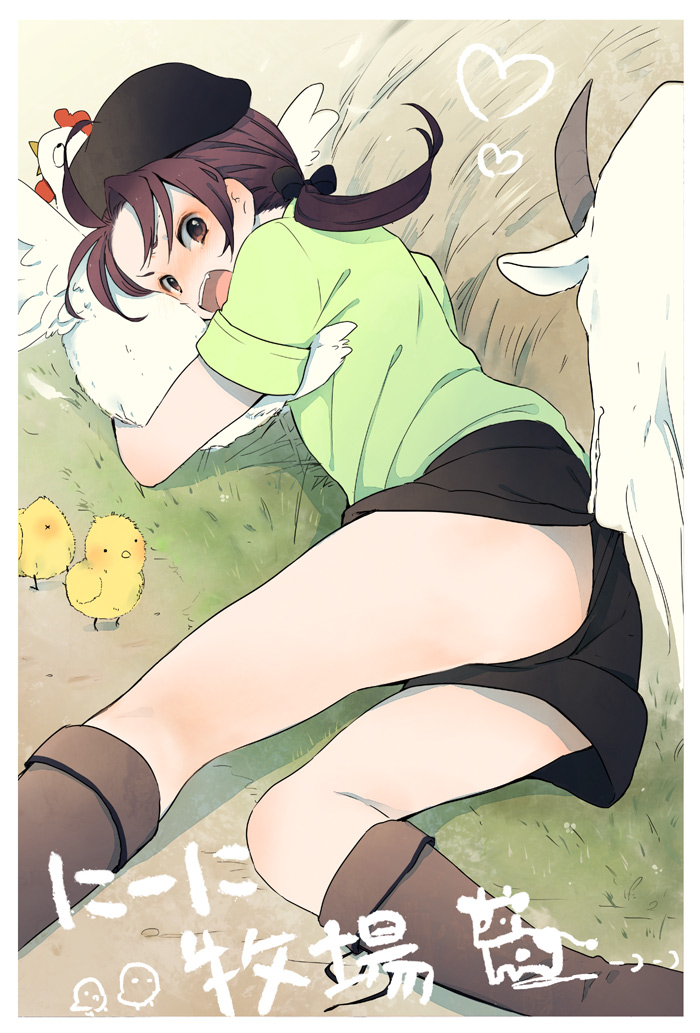 androgynous axis_powers_hetalia bird boots brown_eyes brown_hair chick chicken china_(hetalia) crossdressing fang goat goroo heart male open_mouth ponytail shorts solo teeth trap