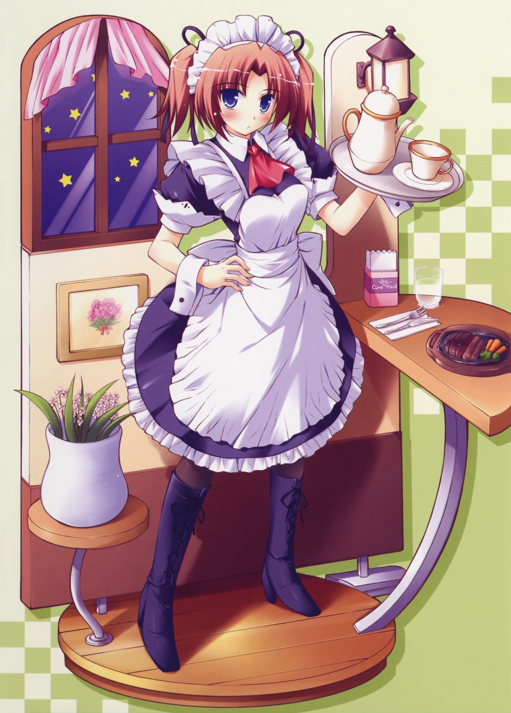 cup diorama food fork glass highres knee_boots knife ko~cha maid maid_headdress pantyhose red_hair redhead tray twintails vase window