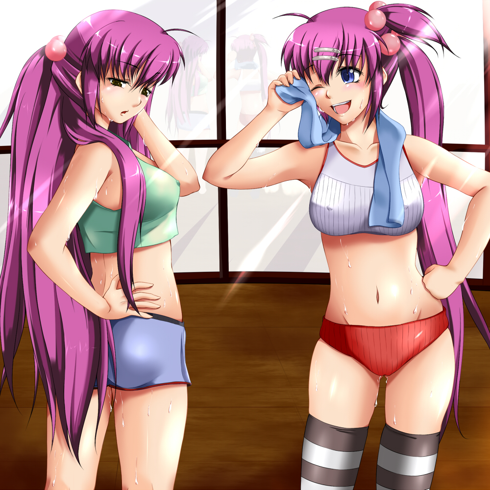 bad_id blue_eyes brown_eyes erect_nipples exercise futaki_kanata hair_bobbles hair_ornament ichirou little_busters! little_busters!! long_hair midriff mirror multiple_girls ponytail purple_hair reflection saigusa_haruka side_ponytail striped striped_legwear striped_thighhighs sweat sweating thigh-highs thighhighs towel wink wiping_sweat